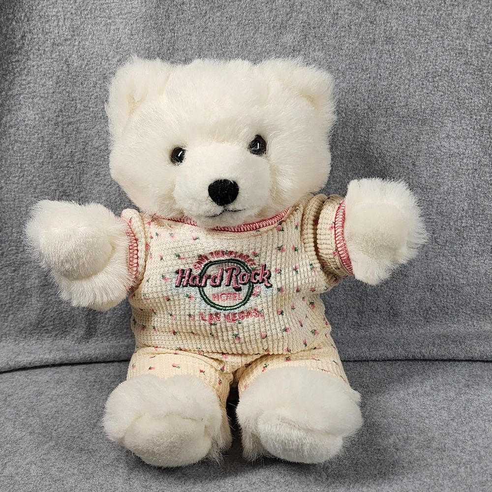 Vintage Hard Rock Hotel Las Vegas White Teddy Bear Plush 1995 Floral Pajamas 10"